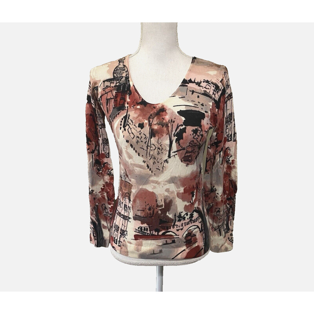 Talbots Merino Wool Sweaterβ Womens Sz PXS Black Pink Cityscape Classic Pullover